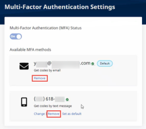 In the image, the Remove link displays at bottom of the verified Authentication option, such a verified email address.
